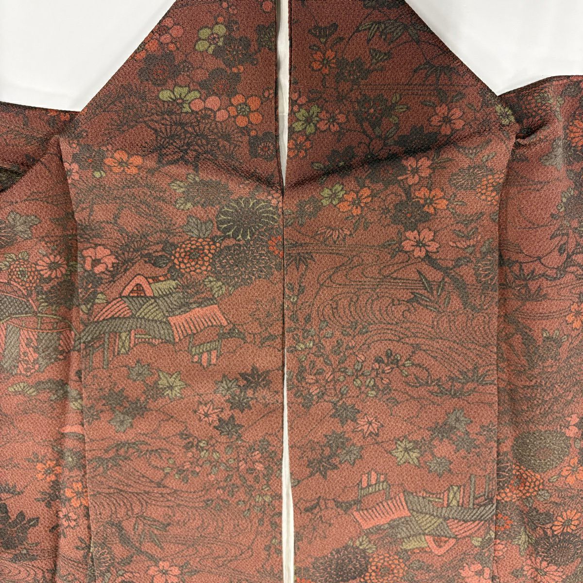 小紋 身長157.5cm 袖長63cm S 雙層 南部幸雄 落款あり 家屋 菊花 絞緬 紅茶 純蠶絲 秀品級