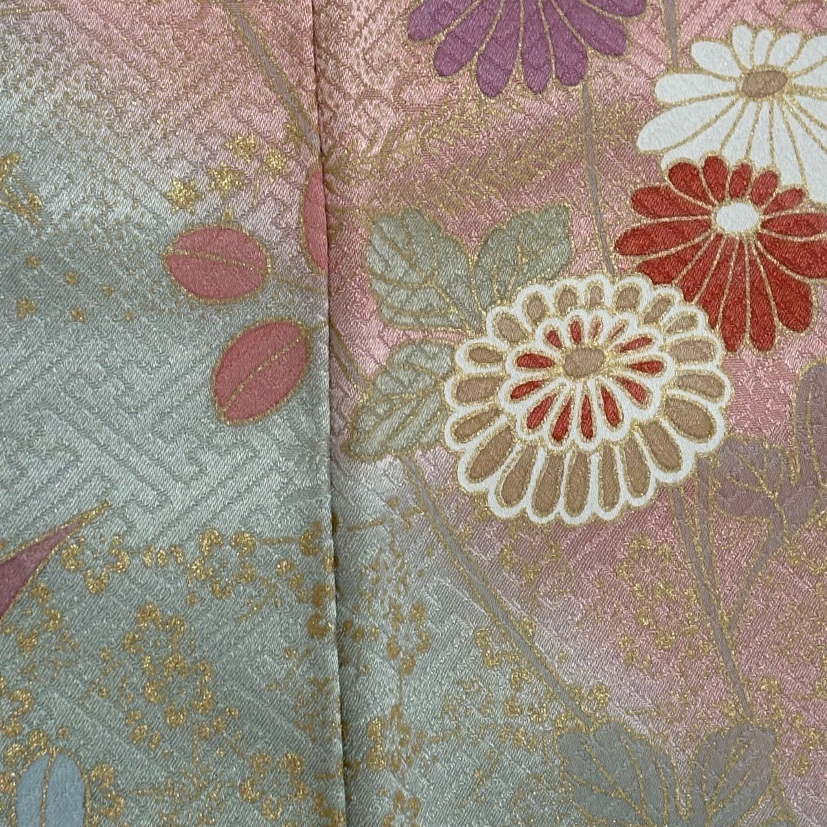 訪問服 身長166cm 袖長65cm M 雙層 菊花 霞 金絲 金銀彩 淺綠 純蠶絲 優品級