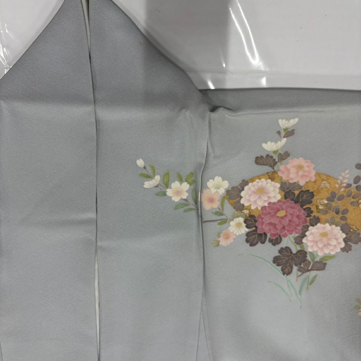 訪問服 身長165cm 袖長66.5cm M 雙層 扇子面 草花紋紋 金彩裝飾 漸層 青灰 純蠶絲 優品級