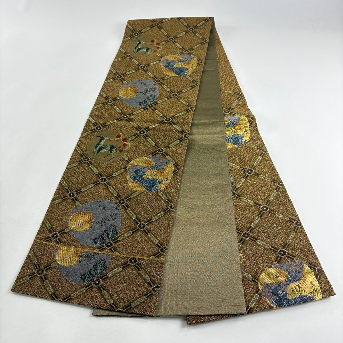 【美品】 袋帶 秀品級 鹿 満月 金銀彩 金茶 六通 純蠶絲