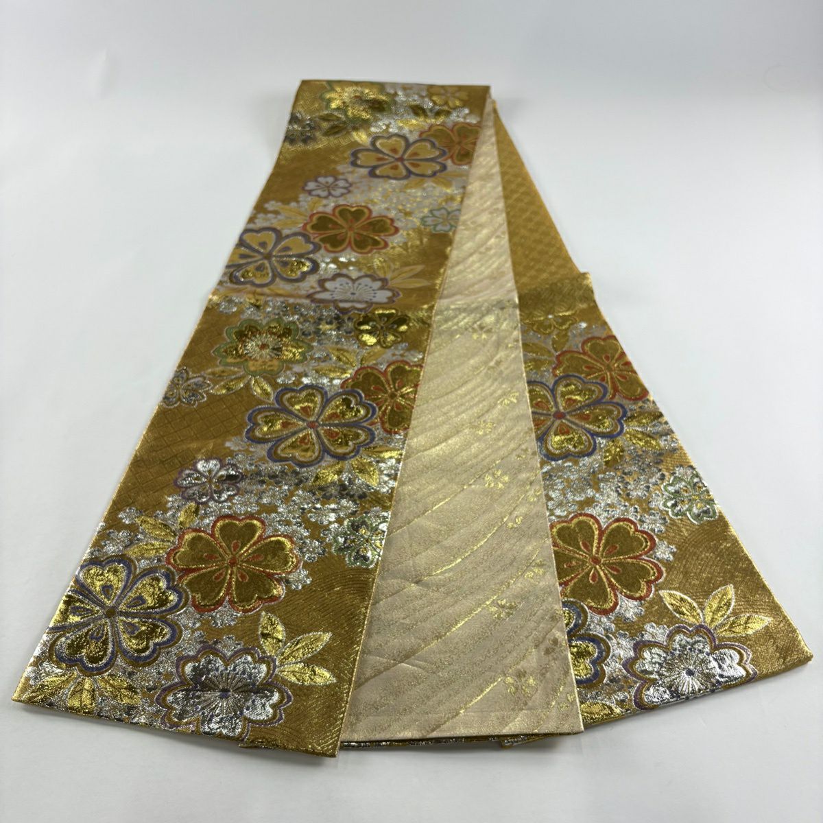 袋帶 秀品級 振袖禮服禮服用 櫻花 波紋 金絲 金金箔 金色 六通 純蠶絲