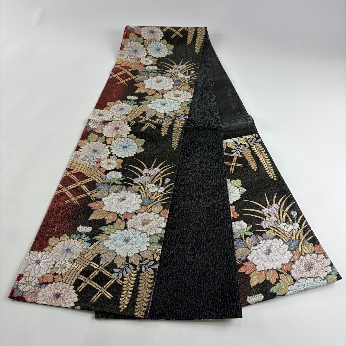【美品】 袋帶 秀品級 牡丹 菊花 金金箔 金絲 墨 六通 純蠶絲