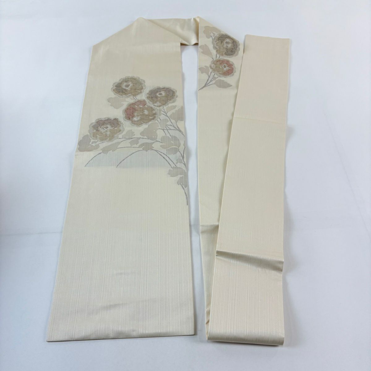 名古屋帶 秀品級 草花紋紋 金金箔 金絲 奶油色 純蠶絲