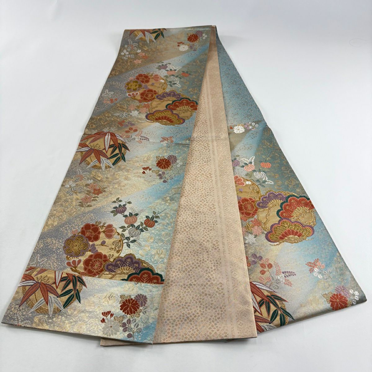 【美品】 袋帶 秀品級 松樹竹子梅花 秋草 金銀絲 金金箔 灰綠 六通 純蠶絲
