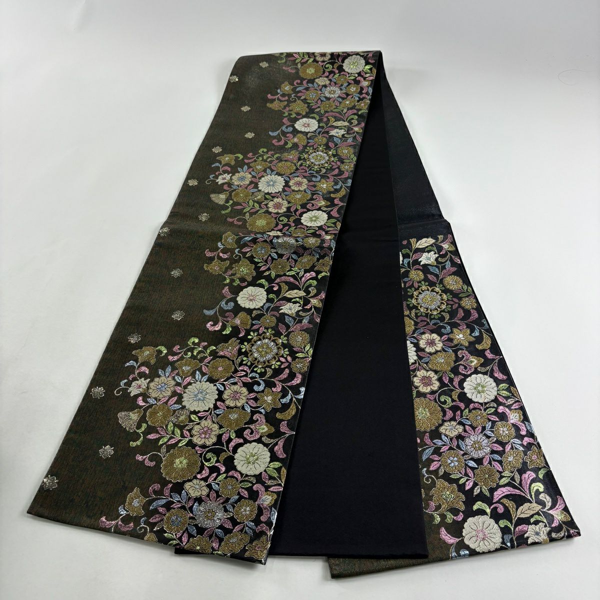 【美品】 袋帶 秀品級 花唐草紋 金絲 金金箔 深綠 六通 純蠶絲