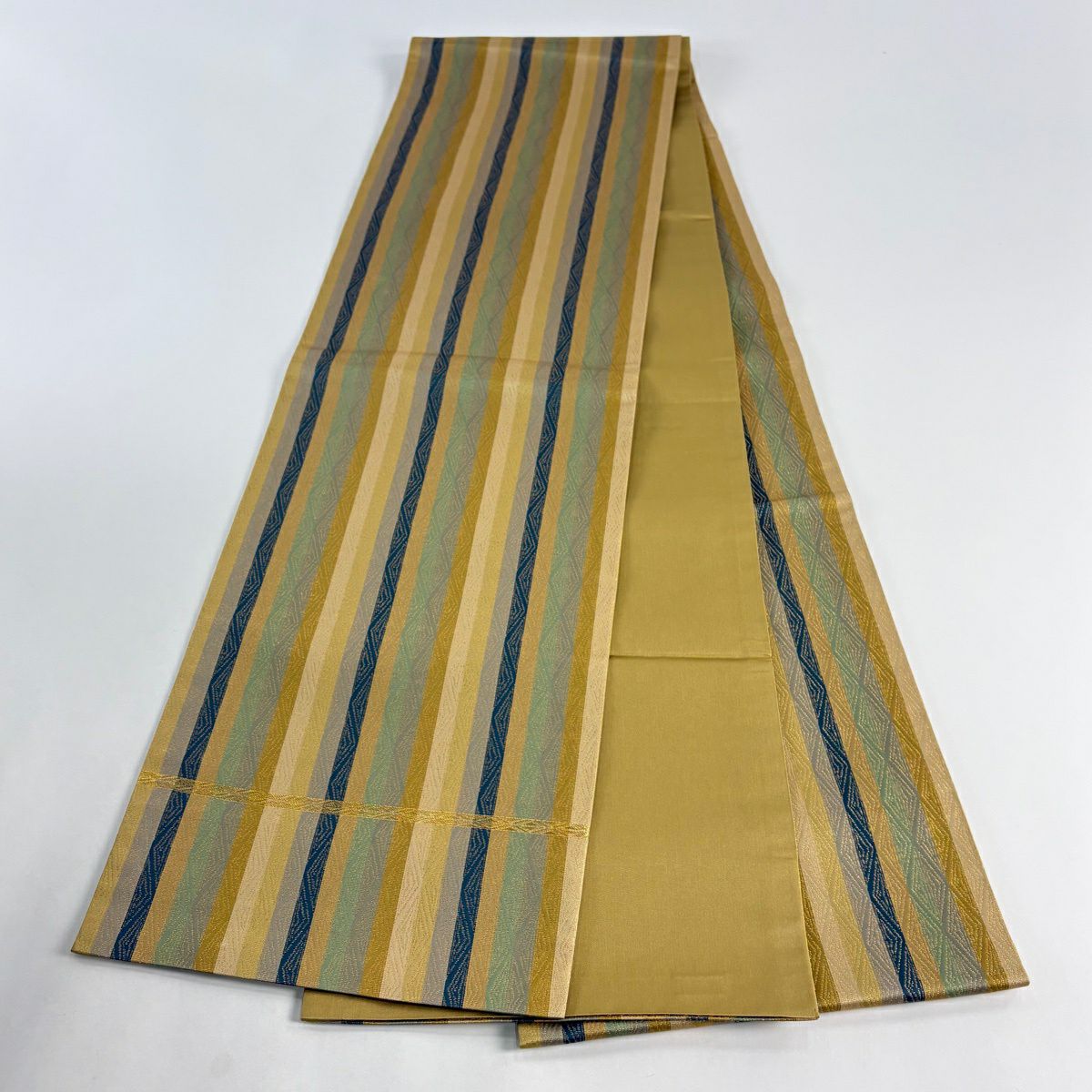 【美品】 袋帶 逸品級 龍村晋 落款あり 縞 菱 金金箔 茶綠 全通 純蠶絲