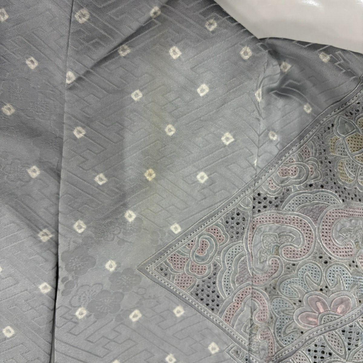 訪問服 身長160.5cm 袖長66cm M 雙層 短冊 花鳥 刺繡 絞染 青灰 純蠶絲 名品級