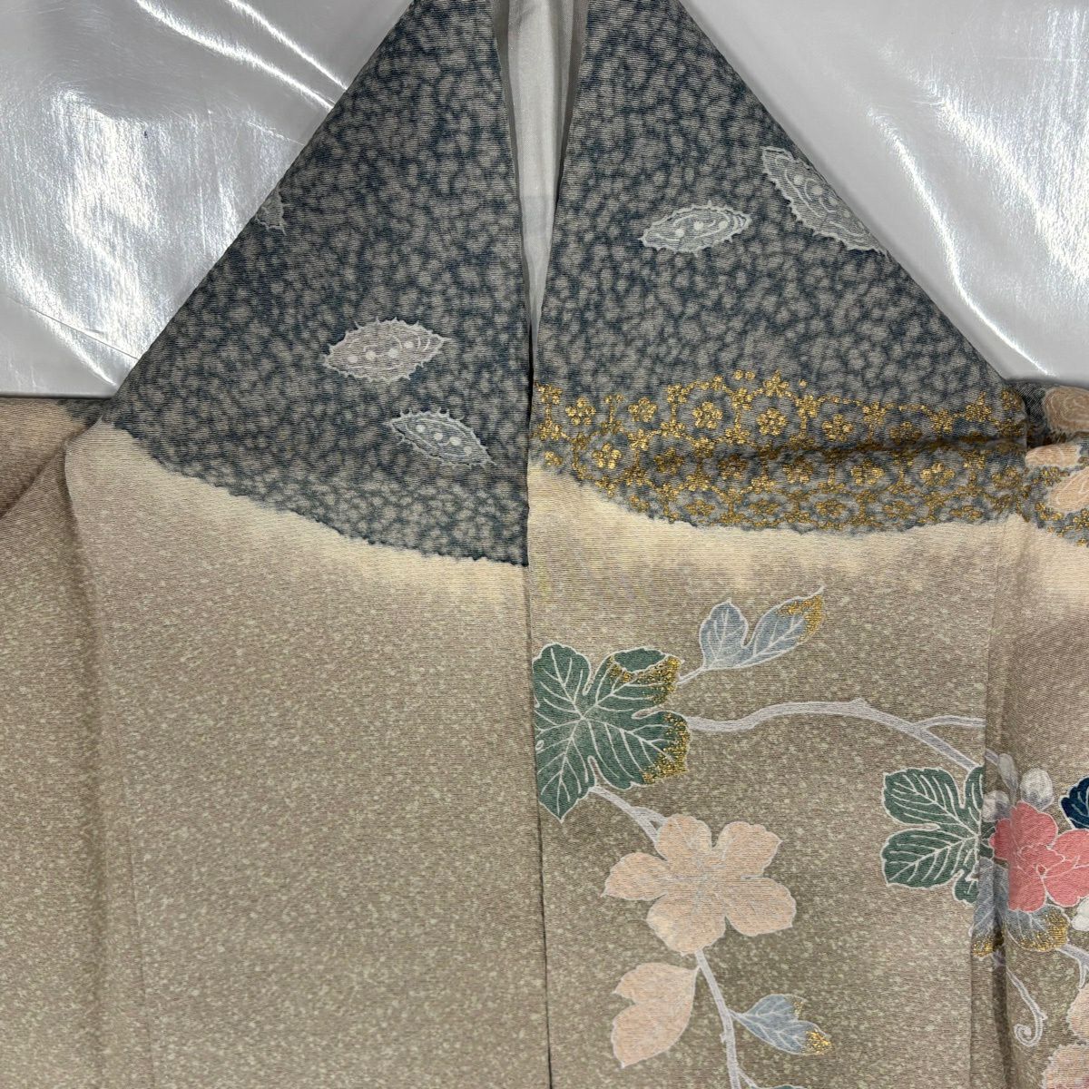 【美品】訪問服 身長155.5cm 袖長65cm M 雙層 花車 松樹竹子梅花 金銀彩 絞染 灰茶 純蠶絲 名品級