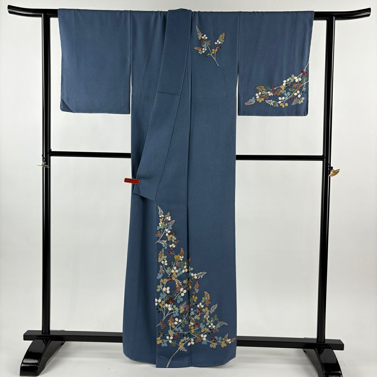 付下 身長162cm 袖長64.5cm M 雙層 大羊居 落款あり 萩 刺繡 金絲 青灰色 純蠶絲 逸品級