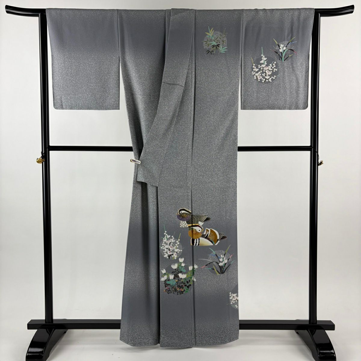 【美品】訪問服 身長161cm 袖長65.5cm M 雙層 TOKIO et TOKI 落款 鴛鴦 枝梅花 金銀彩 灰 純蠶絲 逸品級 一つ紋