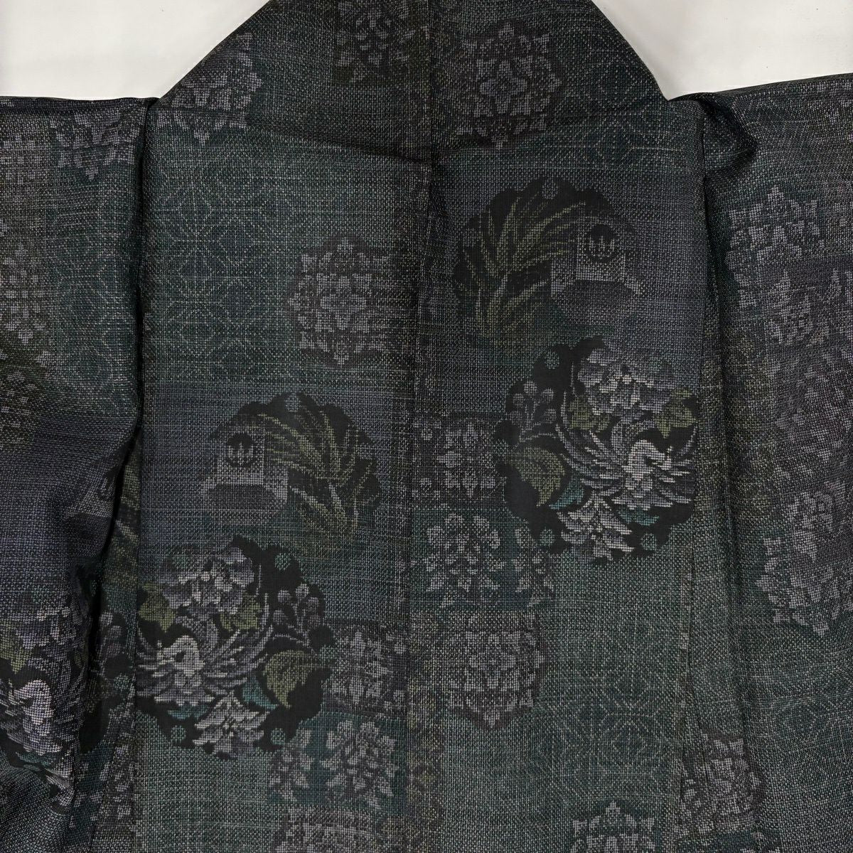 【美品】 紬織 身長160.5cm 袖長66cm M 雙層 草花紋紋 雪輪 灰綠 純蠶絲 名品級