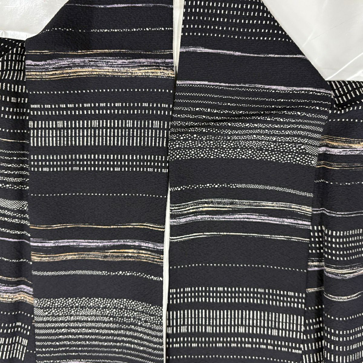 【美品】 小紋 身長156.5cm 袖長66cm M 雙層 縞 幾何圖案 墨色 純蠶絲 秀品級