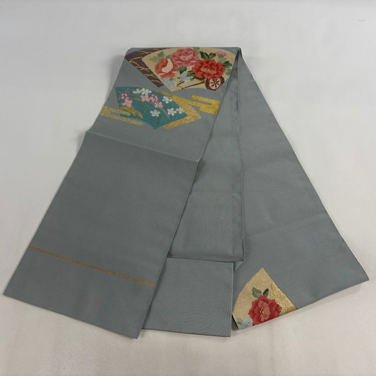 名古屋帶 秀品級 八寸名古屋帶 松樹葉仕立 花車 扇子面 金銀彩 青灰色 純蠶絲
