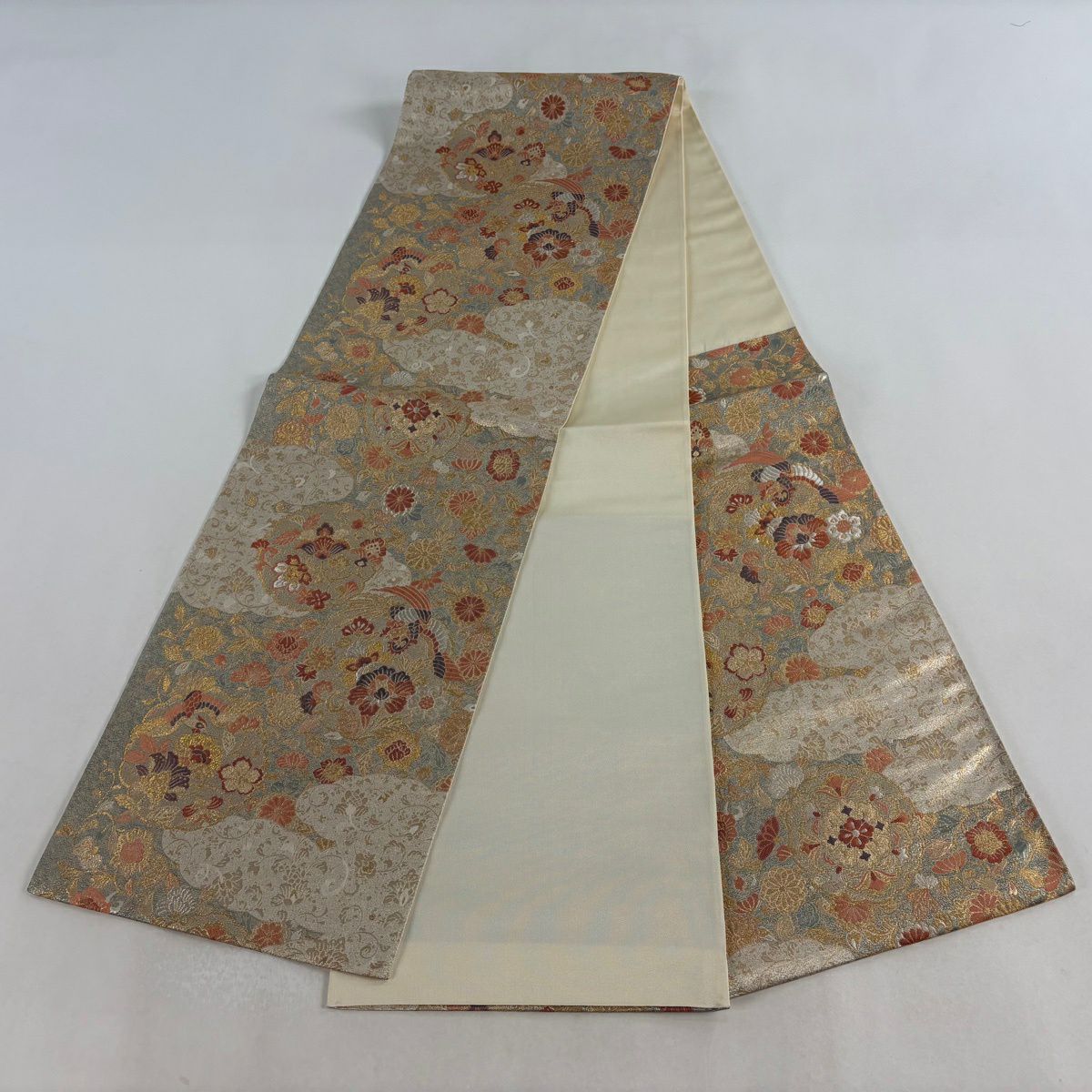 【美品】 袋帶 秀品級 鳥 草花紋 金絲 金金箔 金色 六通 純蠶絲