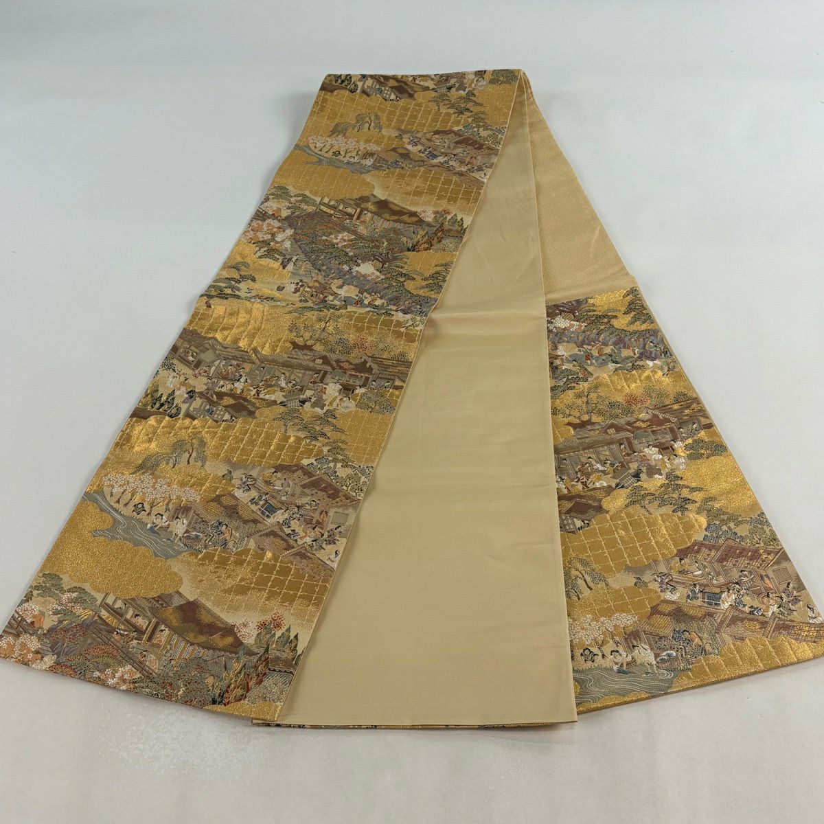 【美品】 袋帶 秀品級 人物 建物 金絲 金金箔 金色 六通 純蠶絲