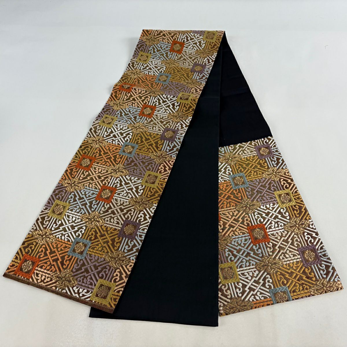 袋帶 秀品級 幾何學 花菱 刺繡 金絲 金 六通 純蠶絲