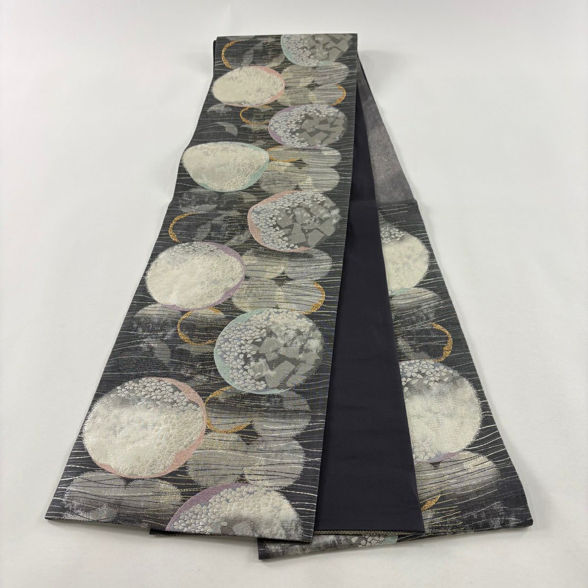 【美品】 袋帶 秀品級櫻花 圓文 金銀彩 金金箔 灰色 六通 純蠶絲