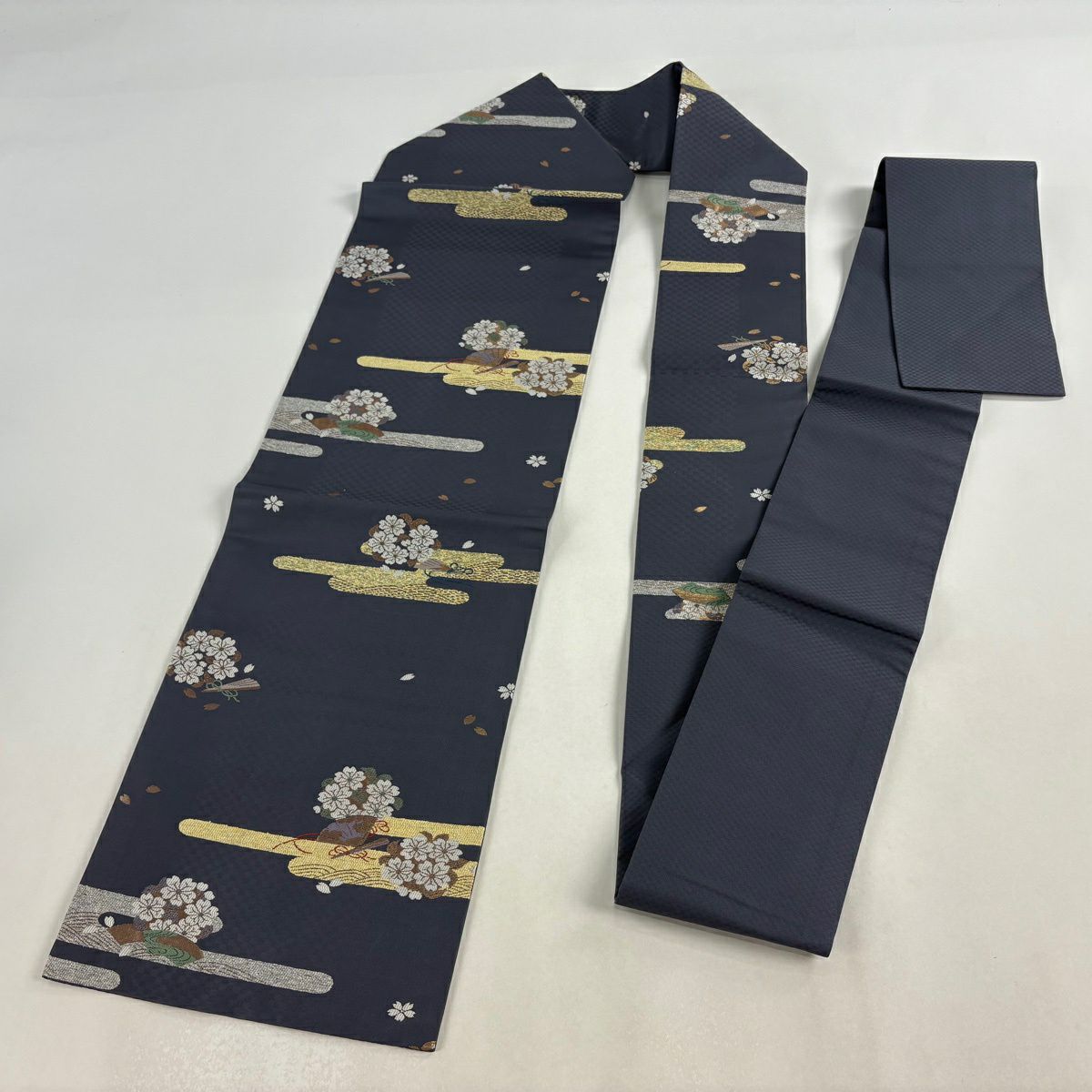 【美品】 名古屋帶 秀品級 櫻花 扇子子 金金箔 唐織 青灰 純蠶絲
