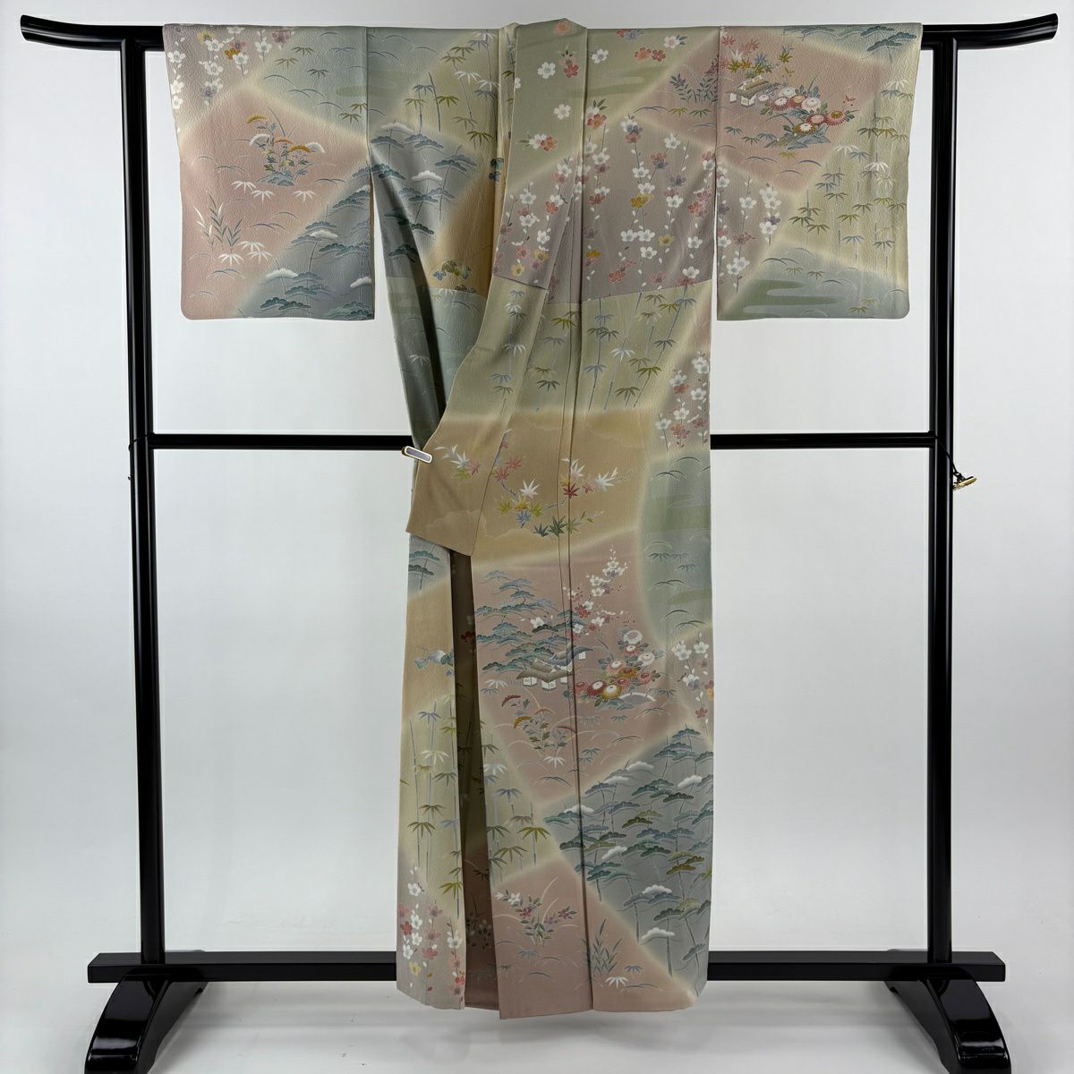 訪問服 身長157cm 袖長62cm S 雙層 上野為二 落款あり 松樹竹子梅花 家屋 金糸 漸變 灰綠 純蠶絲 逸品級