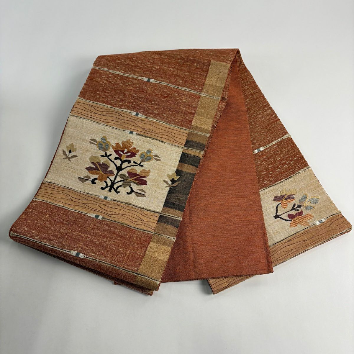 【美品】 袋帶 優品級 草花紋 幾何圖案 金絲 紅茶 大鼓圖案 純蠶絲