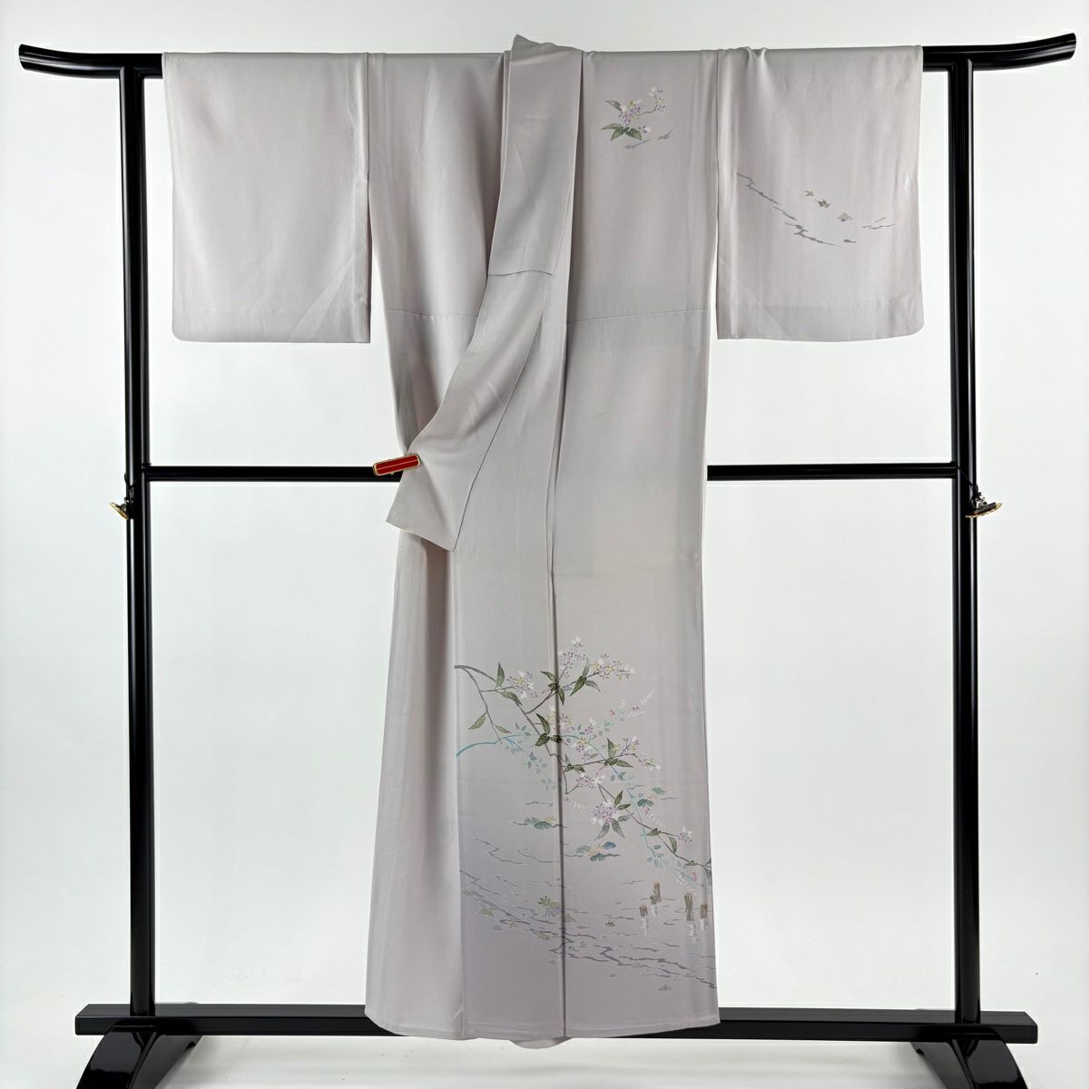付下 身長152cm 袖長63.5cm S 單層 岡本幸治 落款有 枝花 流水 漸層 淡紫 純蠶絲 逸品級