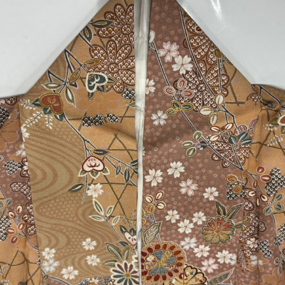 【美品】 小紋 身長152cm 袖長65cm M 雙層 秋草 扇子 金銀彩 薄茶 純蠶絲 秀品級
