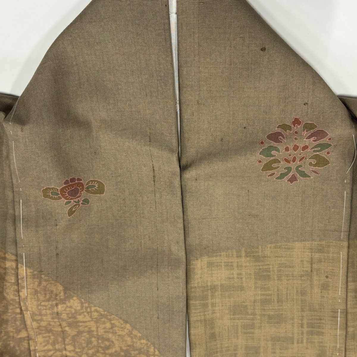 【美品】訪問服 身長160.5cm 袖長62.5cm S 雙層 紬織織 草花紋紋 染分 薄黃土色 純蠶絲 秀品級 一つ紋