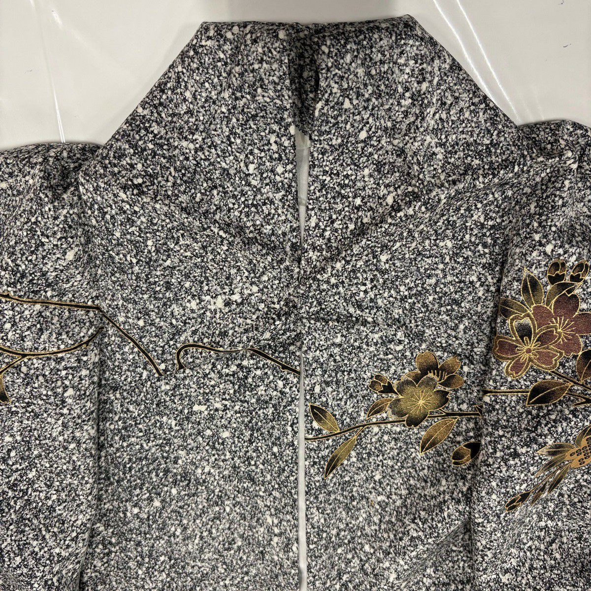 【美品】訪問服 身長152cm 袖長64.5cm M 雙層 松樹梅花 金絲 金銀彩 黑灰 純蠶絲 秀品級