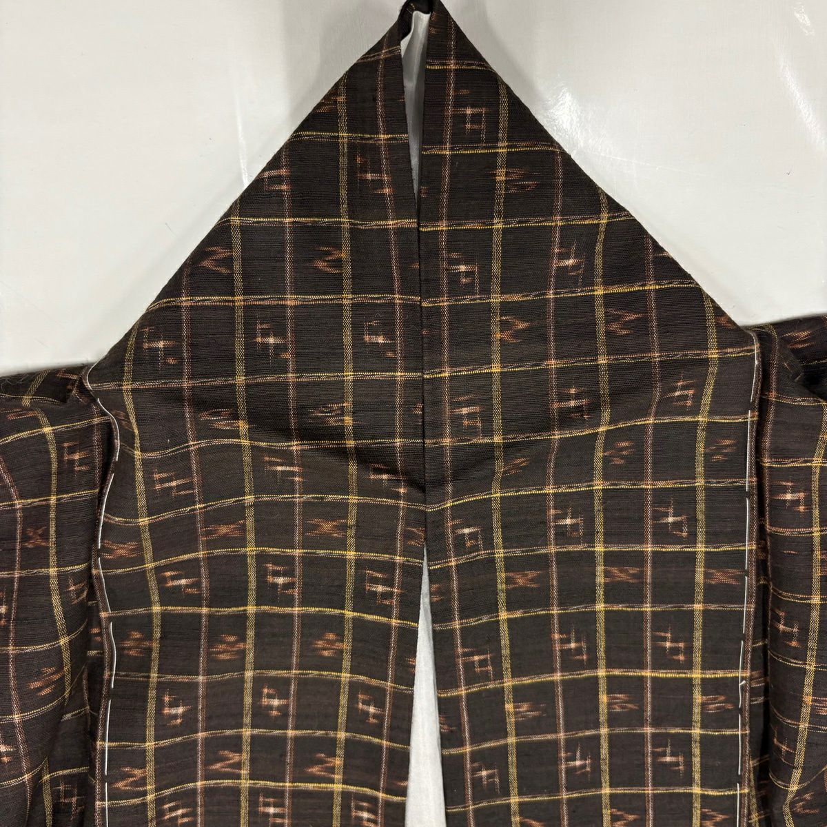 【美品】 紬織 身長154cm 袖長62cm S 雙層 格子 十字絣 焦茶 純蠶絲 秀品級