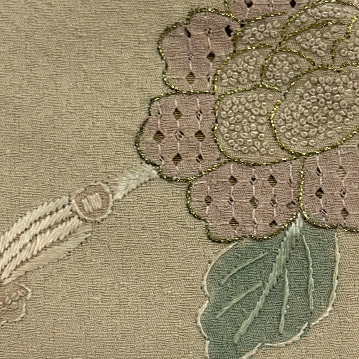 付下 身長167cm 袖長68cm L 雙層 草花紋紋 組紐刺繡 金線 淺茶 純蠶絲 優品級
