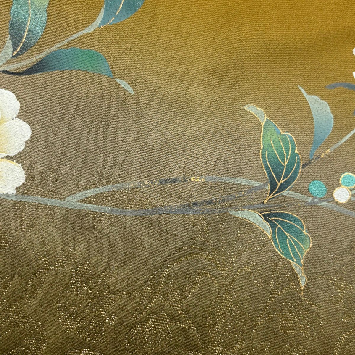 訪問服 身長156.5cm 袖長62cm S 雙層 草花紋紋 花唐草紋 螺鈿 金銀彩 山吹茶 純蠶絲 秀品級