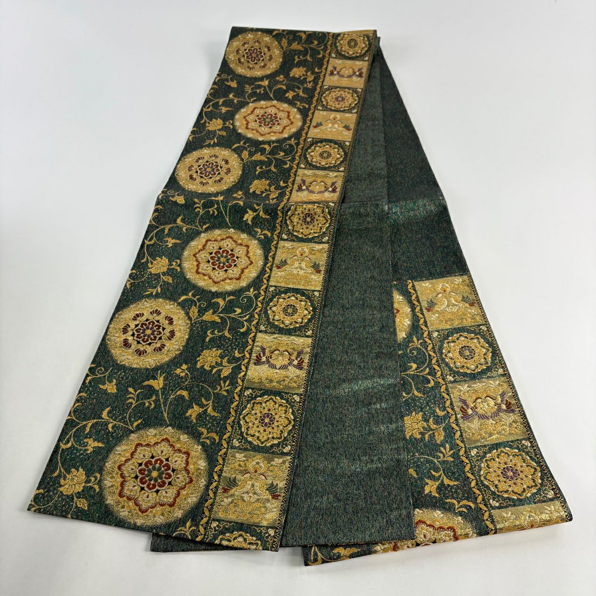 【美品】 袋帶 秀品級 華紋 向鳥 金金箔 金絲 綠 六通 純蠶絲