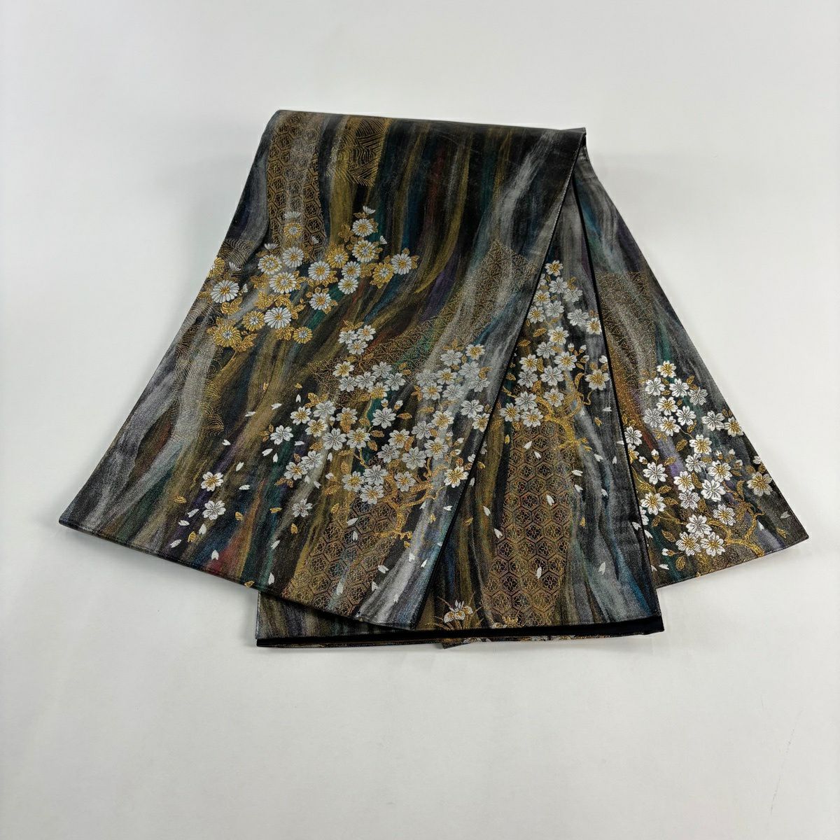 【美品】 袋帶 秀品級 樱花 菊花花 金金箔 黑 六通 純蠶絲