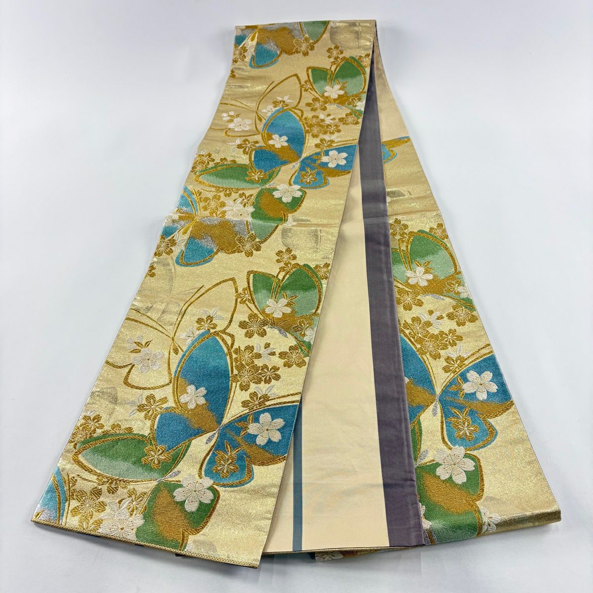 【美品】 袋帶 秀品級 流流振 LONG SIZE 雙面 蝶 櫻花 唐織 金金箔 金色 六通 純蠶絲