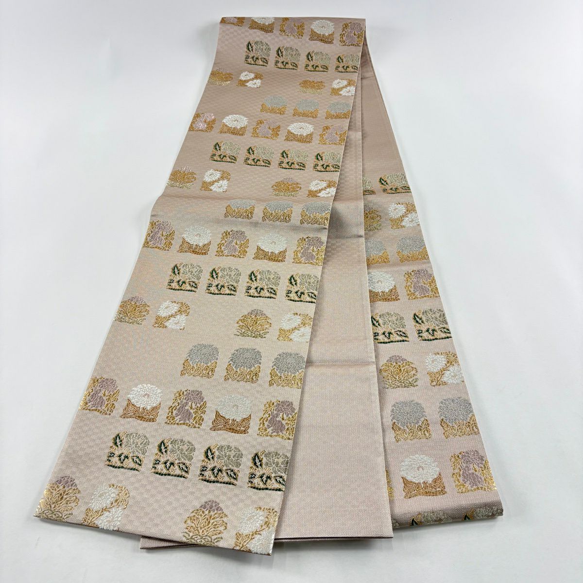 【美品】 袋帶 秀品級 牡丹 花兔 金銀彩 金金箔 淺小豆 六通 純蠶絲