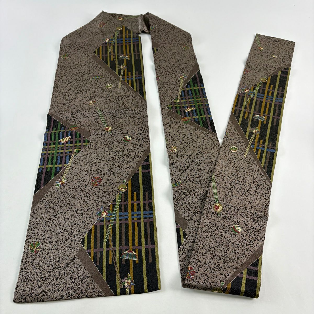 【美品】名古屋帶 秀品級 髮簪 髮梳 金通 金銀彩 灰茶 純蠶絲