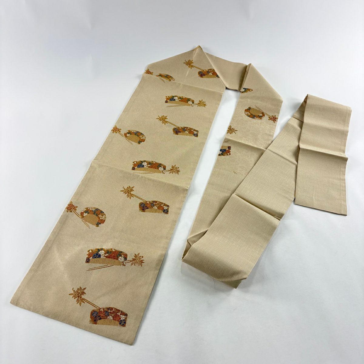 【美品】名古屋帶 秀品級 櫛 髮簪 薄茶 純蠶絲