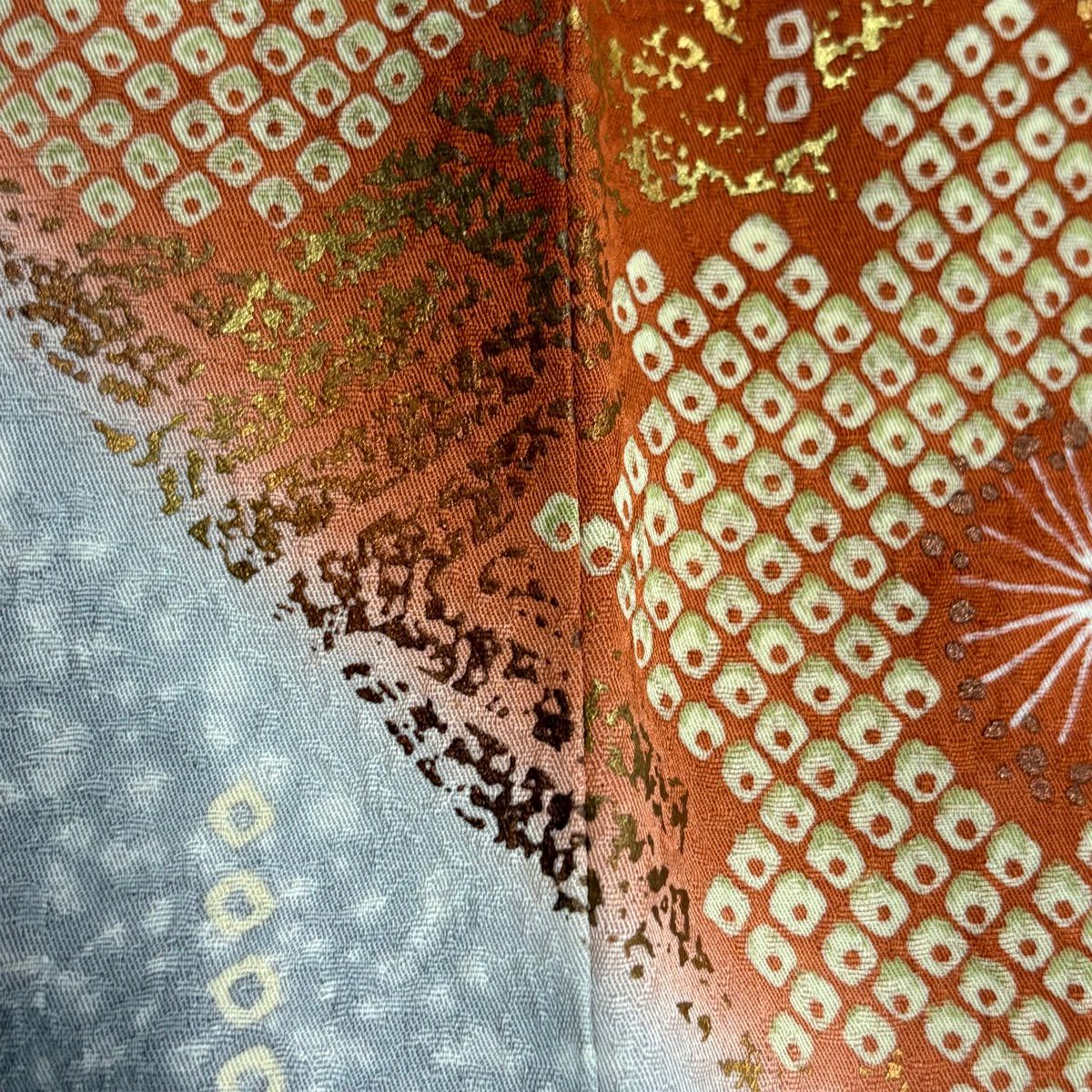 振袖禮服 身長165cm 袖長66.5cm M 雙層 草花紋紋 花瓣 金絲 金銀彩 朱 純蠶絲 優品級
