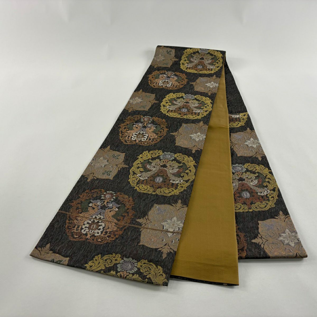 【美品】 袋帶 秀品級 向鳥 華紋 金銀彩 金金箔 灰 深藍 六通 純蠶絲