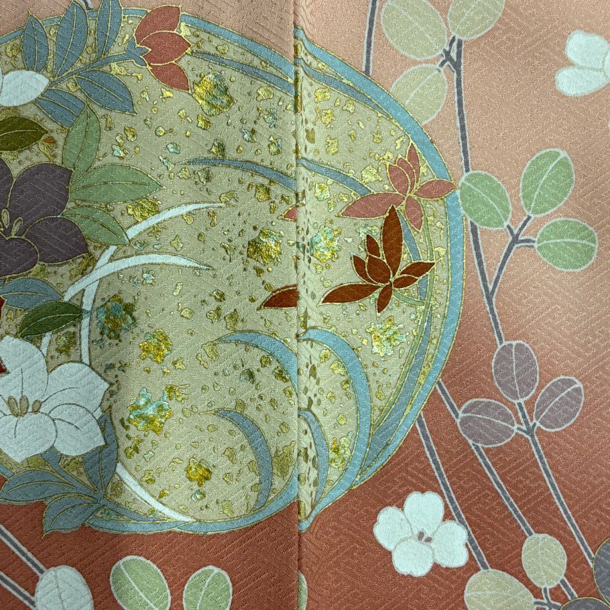 訪問服 身長160.5cm 袖長67.5cm L 雙層 花丸紋 萩 金銀彩 漸層 鮭粉色 純蠶絲 名品級