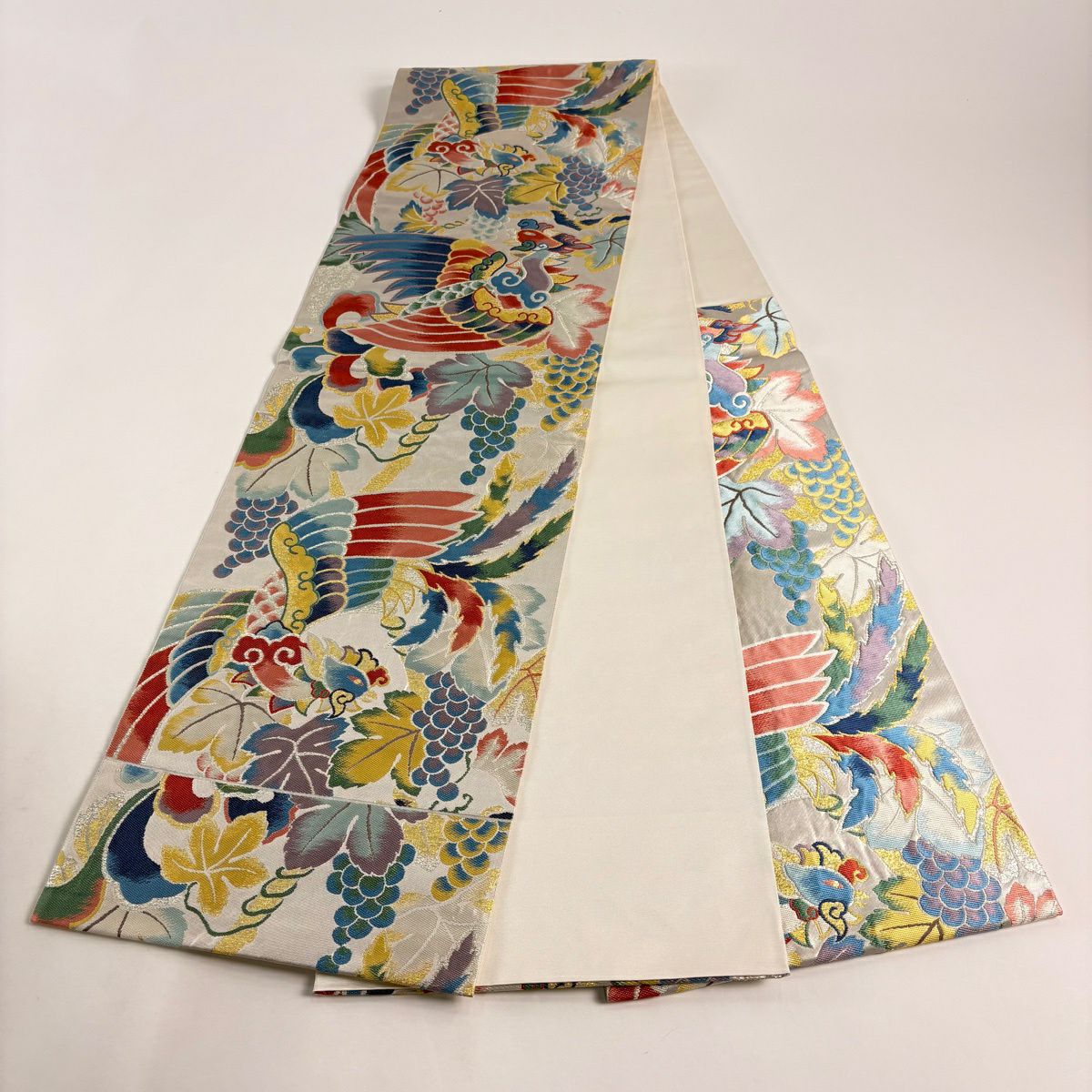 【美品】 袋帶 秀品級 鳳凰 葡萄 金金箔 銀 六通 純蠶絲