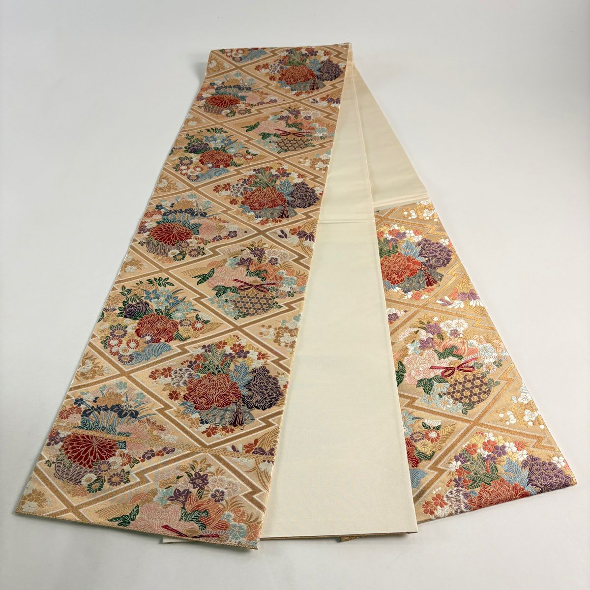 【美品】 袋帶 秀品級 關西仕立 松樹皮菱花籠文 金糸 金金箔 金色 六通 純蠶絲
