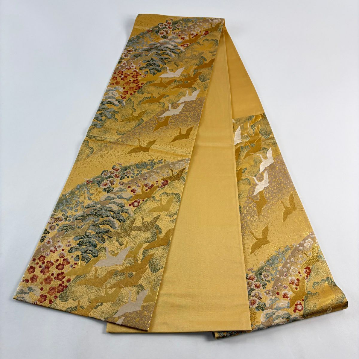 【美品】 袋帶 秀品級 仙鶴 松樹梅花 金絲 金金箔 山吹茶 六通 純蠶絲