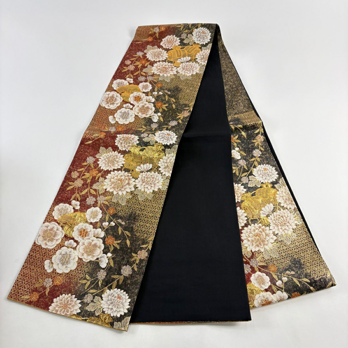 【美品】 袋帶 秀品級 振袖禮服禮服用 小槌 花丸紋 金絲 金金箔 黑 六通 純蠶絲