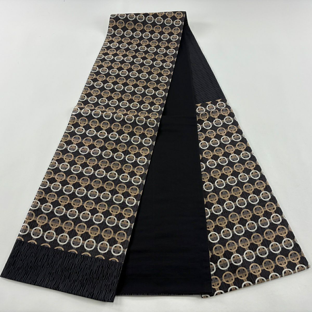 【美品】 袋帶 名品級 圓文 格子 茶紫 六通 純蠶絲