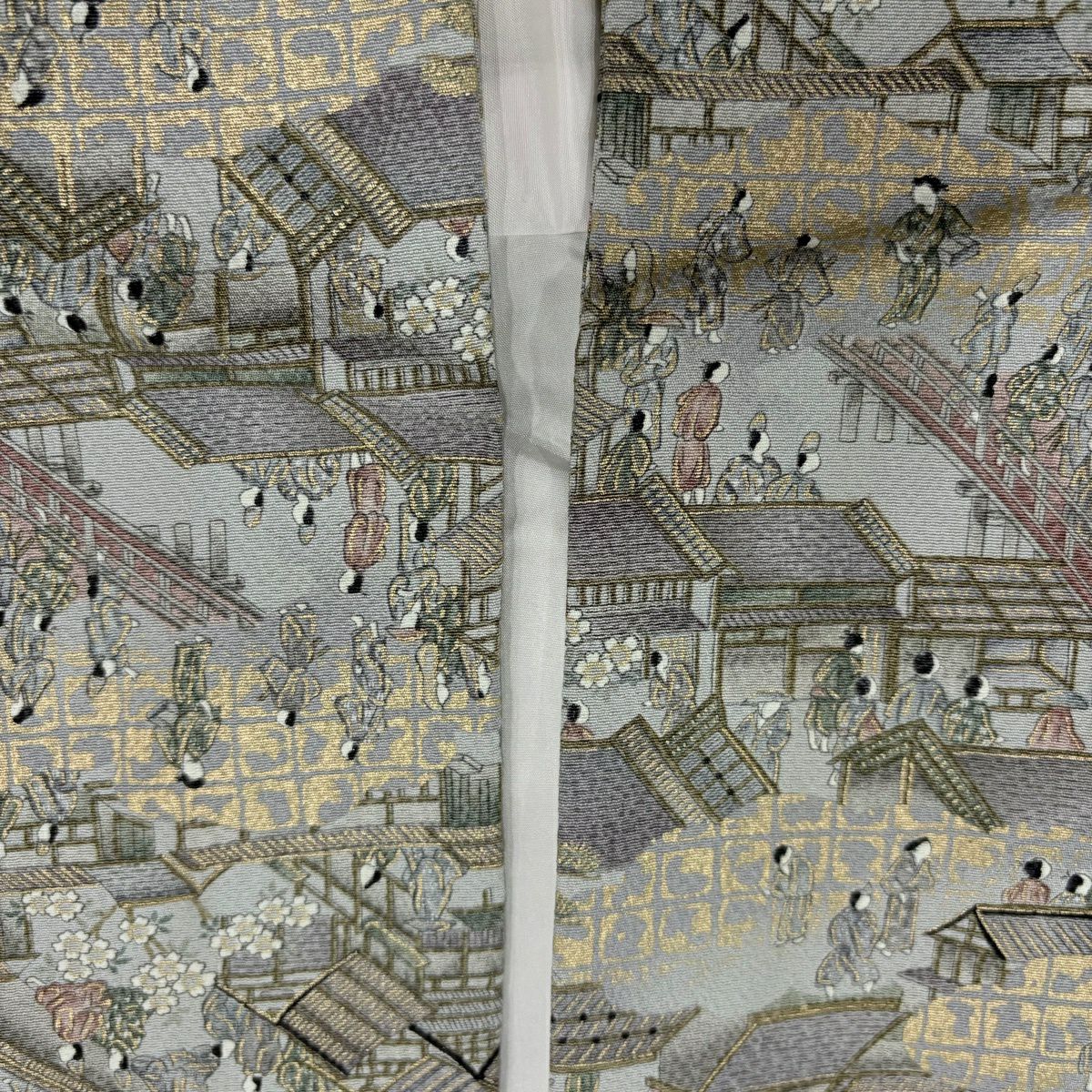 【美品】 小紋 身長159.5cm 袖長66.5cm M 雙層 街風景 人物 金彩裝飾 青灰 純蠶絲 優品級