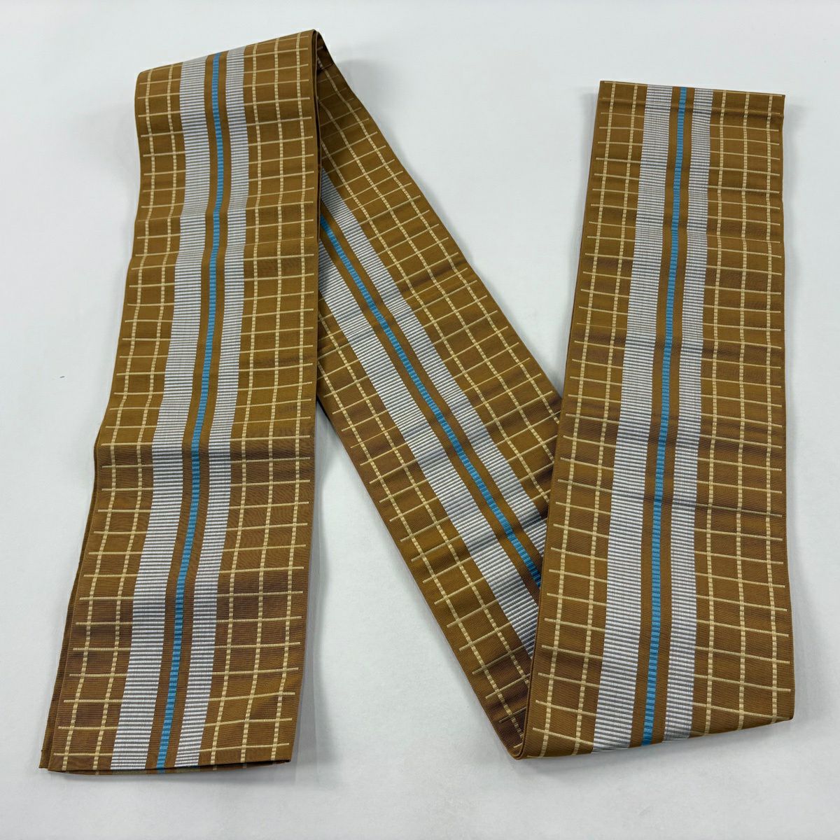 【美品】半幅帶 優品級 博多織 證書 格子 縞 山吹茶 純蠶絲