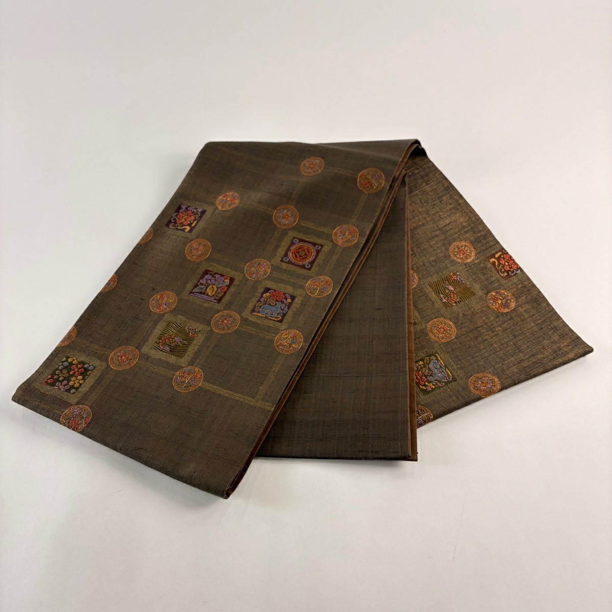 【美品】 袋帶 名品級 花兔 草花紋 金絲 刺繡 焦茶 純蠶絲