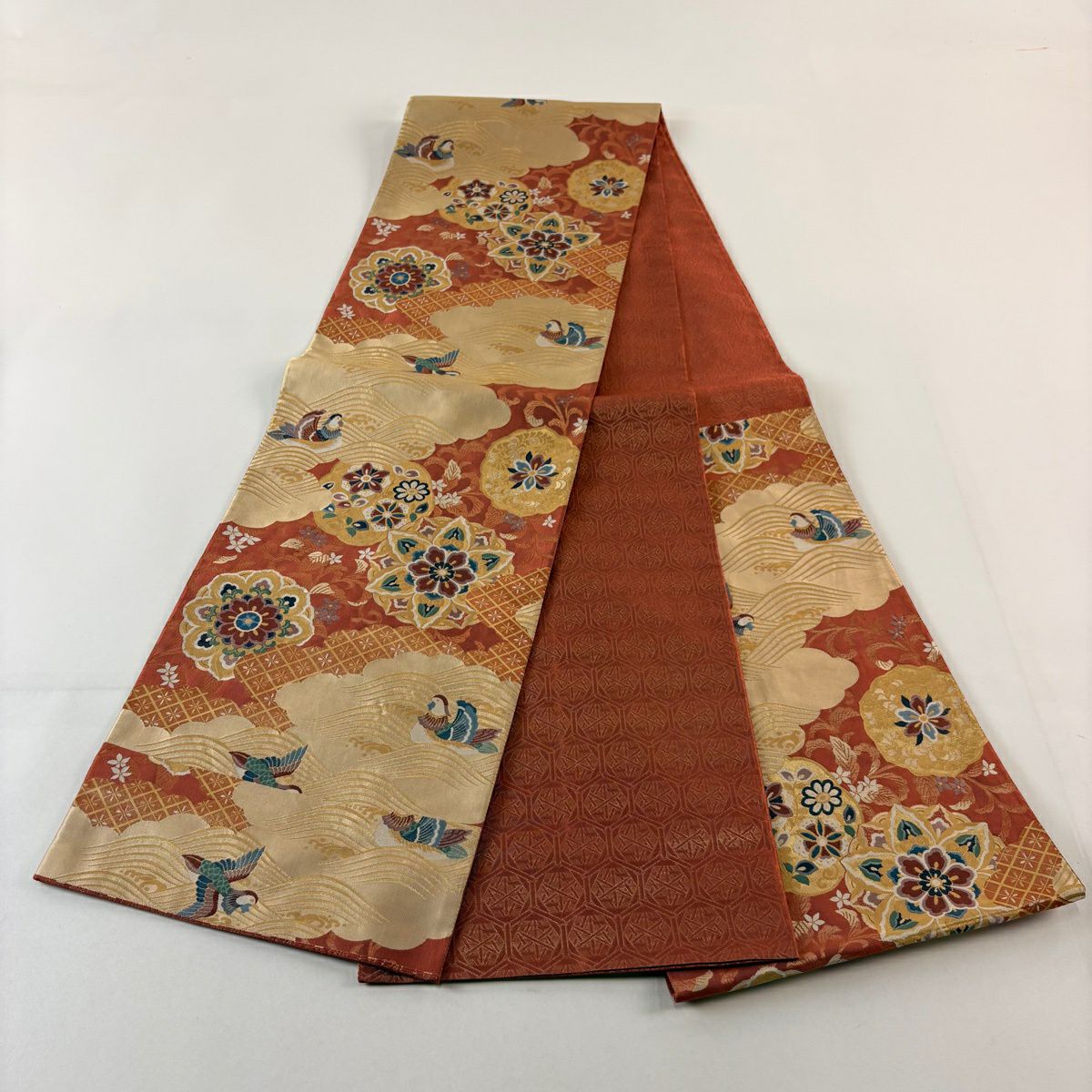 【美品】 袋帶 秀品級 華紋 鴛鴦 金絲 茜 深藍 六通 純蠶絲