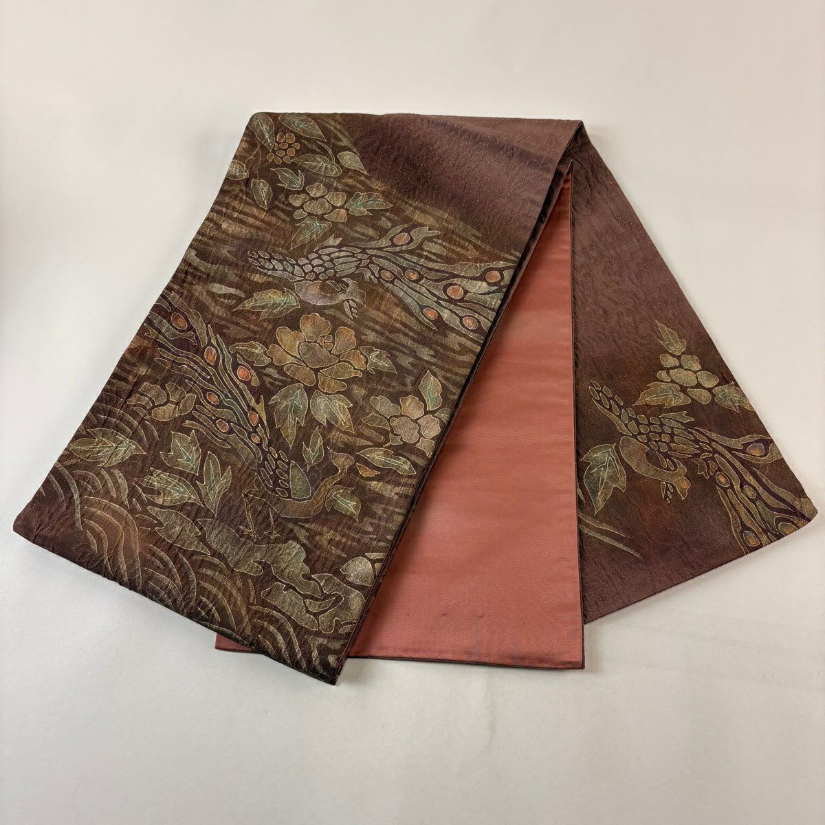 【美品】 袋帶 秀品級 落款あり 鳥 草花紋 金通 茶紫 お太鼓柄 純蠶絲